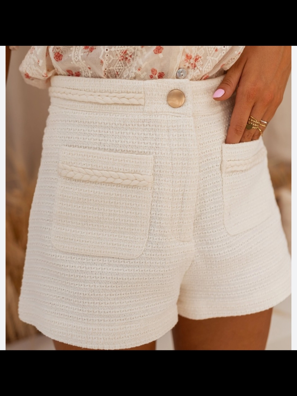 High-Rise Cream Braided Trim Women's Shorts